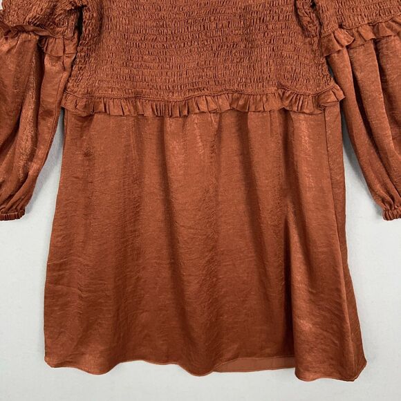 Storia Dress Womens Medium Brown Cold Shoulder Ruffle Smocked Boho Babydoll Y2K - Picture 3 of 13